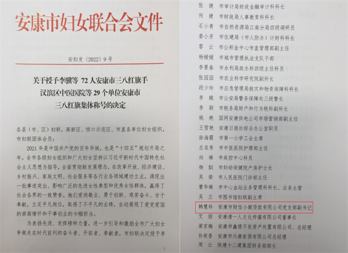 喜讯!韩慧玲同志荣获“安康市三八红旗手” 荣誉称号